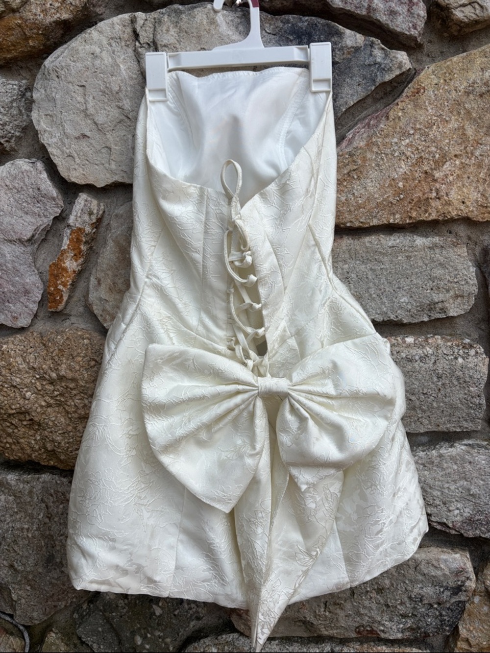Ivory Strapless Jacquard Mini Dress Madonna style with bow